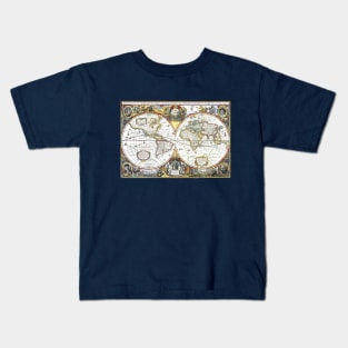 Antique Old World Double Hemisphere Map by Hendrik Hondius, 1630 Kids T-Shirt